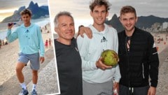 Dominic Thiem beim coolen Fotoshooting an der Copacabana mit seinem deutschen „Physio-Guru“ Alex Stober (links) und seinem Jugend-Kumpel Lucas Leitner (re.). (Bild: Lucas Leitner, zVg)