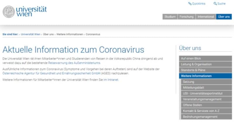 Von Reisen nach China wird auch seitens der Uni Wien abgeraten. (Bild: Screenshot www.univie.ac.at/ueber-uns/weitere-informationen/Coronavirus/)