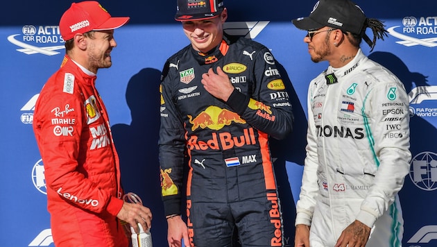 Sebastian Vettel, Max Verstappen und Lewis Hamilton bringen es gemeinsam auf ein Dutzend WM-Titel in der Formel 1. (Bild: AFP)