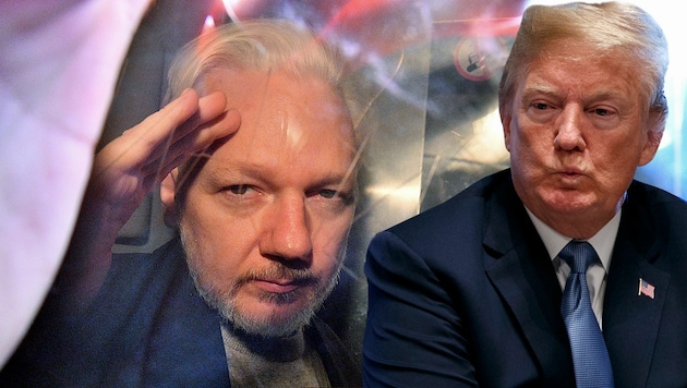 Was steckt hinter dem mutmaßlichen Angebot Trumps an Assange? (Bild: APA/AFP/Daniel Leal-Olivas, AP, krone.at-Grafik)