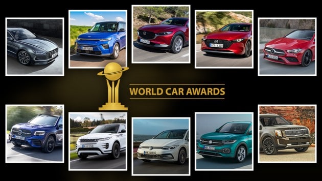 (Bild: Hyundai, Kia, Mazda, Mercedes, Range Rover, VW, World Car Awards, krone.at-Grafik)