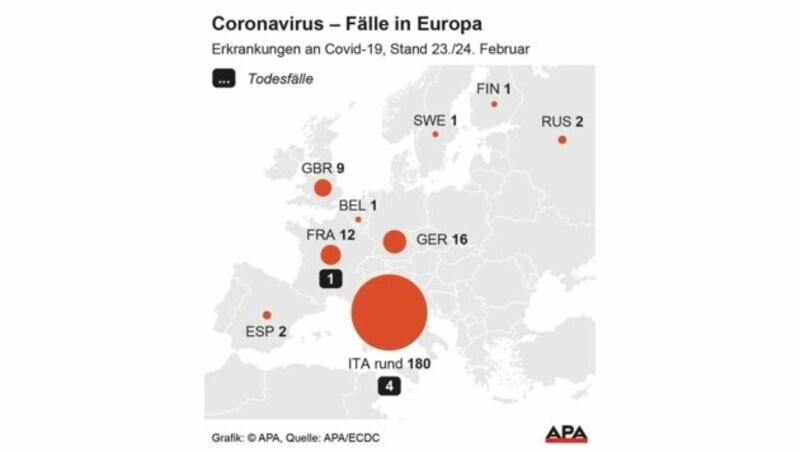 Erkrankungen und Todesfälle nach Ländern (Stand: 24. Feber 2020) (Bild: APA)