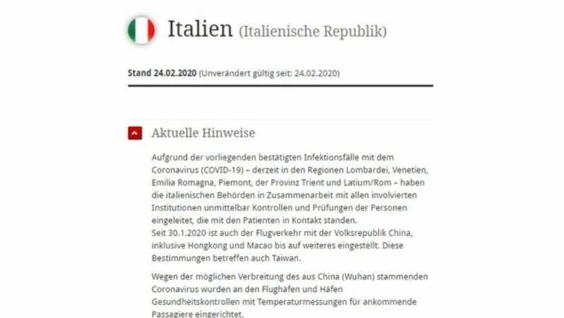 Aktuelle Reiseinformationen über Italien des Bundesministeriums für europäische und internationale Angelegenheiten (Bild: bmeia.gv.at)