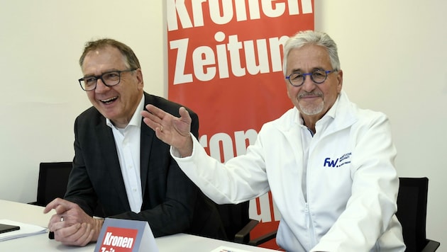 Matthias Krenn und Winfried Vescoli (re.) sprachen über die neue ÖGK und die WK-Wahlen. (Bild: Andreas Fischer)