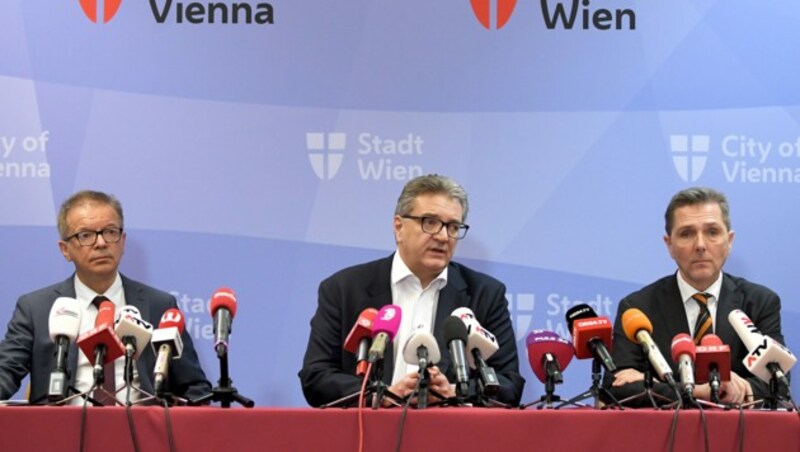 Gesundheitsminister Rudolf Anschober, Stadtrat Peter Hacker sowie der medizinische Direktor des Wiener KAV, Michael Binder (v.l.n.r.) (Bild: APA/ROLAND SCHLAGER)