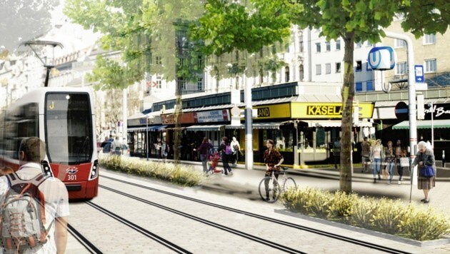 Straßenbahn soll durchfahren: Grüner Plan für Landstraßer Hauptstraße: So soll die Begegnungszone mit Bim ausschauen. (Bild: Grüne Wien)