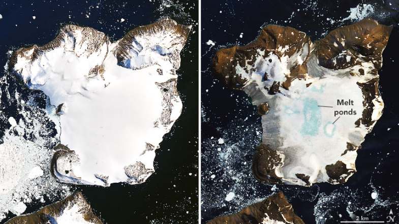 Satellitenbilder zeigen, dass die Eiskappe von Eagle Island von 4. bis 13. Februar geschmolzen ist. (Bild: NASA)