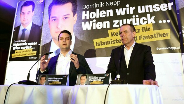 Der Wiener FPÖ-Chef Dominik Nepp und Wahlkampfleiter Harald Vilimsky (Bild: APA/HELMUT FOHRINGER)