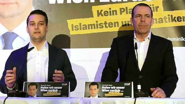 Wiens FPÖ-Chef Dominik Nepp und Wahlkampfleiter Harald Vilimsky (Bild: APA/Helmut Fohringer)