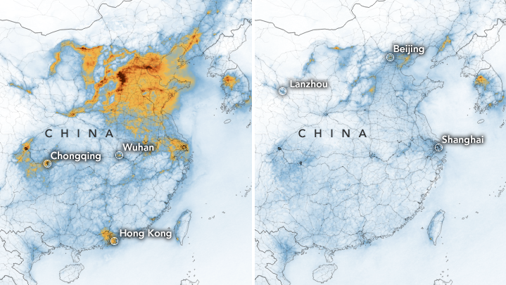 Laut NASA ist die Luftverschmutzung in China durch das Coronavirus zurückgegangen. (Bild: NASA)