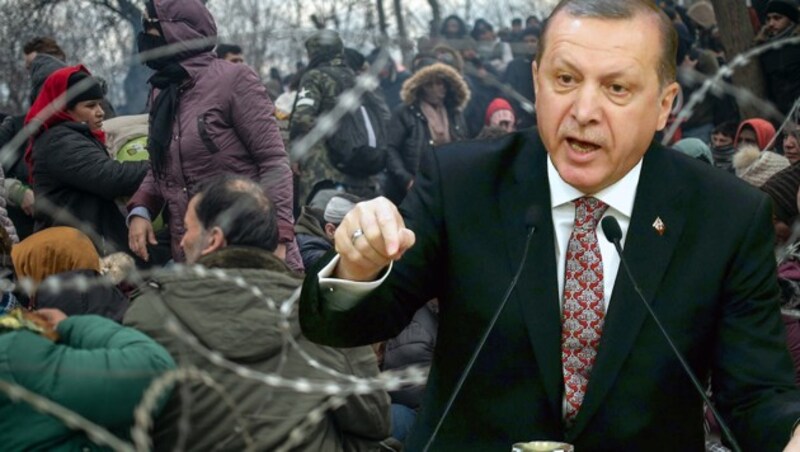 Präsident Recep Tayyip Erdogan ließ die türkischen Grenzen öffnen und sagt: „Sie bleiben offen.“ (Bild: AFP, krone.at-Grafik)