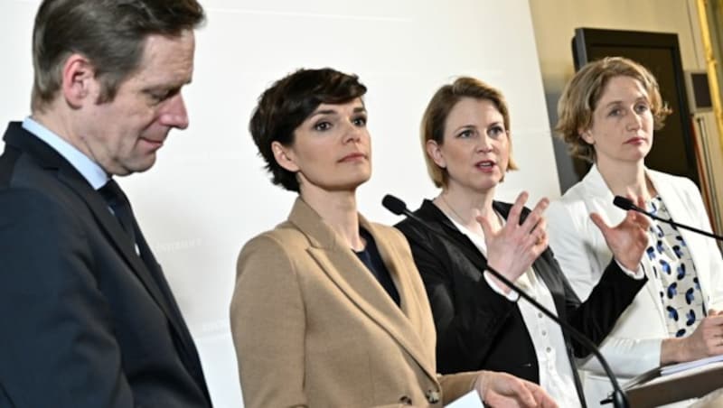 SPÖ-Fraktionsführer Kai Jan Krainer, Obfrau Pamela Rendi-Wagner und NEOS-Chefin Beate Meinl-Reisinger, Abgeordnete Stephanie Krisper (Bild: APA/HANS PUNZ)