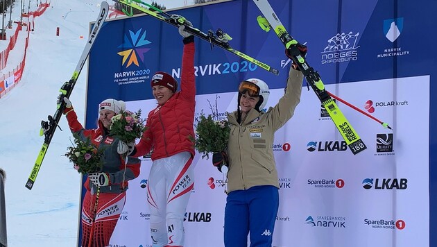 Nach zwei Goldenen bei den Europäischen Olympia-Jugendspielen 2019 sicherte sich die Lecherin Magdalena Egger (M.) bei der Junioren-WM in Narvik auch Gold in der Abfahrt. (Bild: Kjell G. Karlsen)