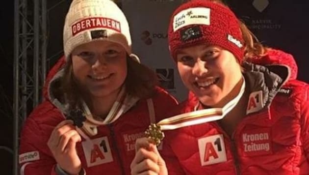 Dasselbe Siegerbild wie in der Abfahrt: Magdalena Egger (re./Vlbg.) gewann Super-G-Gold vor der Lungauerin Lisa Grill (li.). (Bild: Going for Gold Vorarlberger Skiverband)