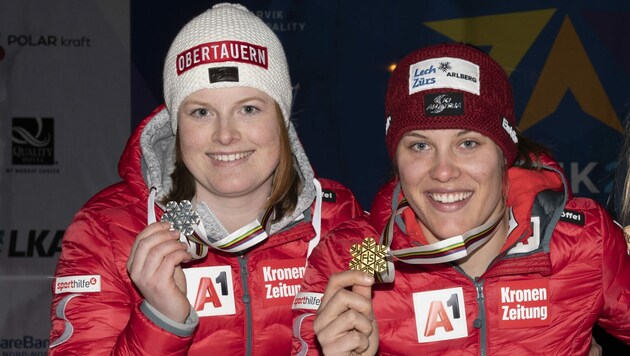 Lisa Grill (li.) holte in der Kombi ihr drittes Silber, Magdalena Egger ihre dritte Goldmedaille. (Bild: Kjell G Karlsen)