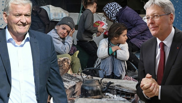 Während sich Kärntens SPÖ-Landeshauptmann Peter Kaiser (re.) für Aufnahme von Flüchtlingen ist, lehnt der niederösterreichische SPÖ-Landeschef Franz Schnabl diese ab. (Bild: AFP, APA/ROBERT JAEGER, APA/GERT EGGENBERGER)