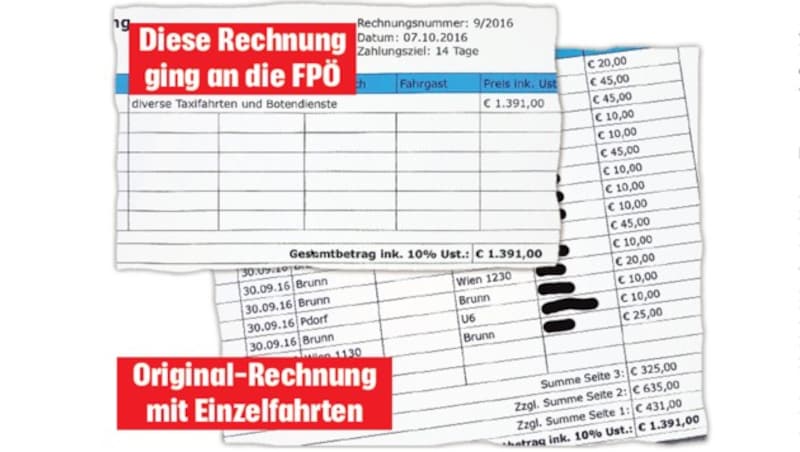 Auf den Original-Rechnungen sind alle Einzelfahrten von Straches Familienmitgliedern (Namen geschwärzt) dokumentiert. (Bild: "Krone"-Grafik)