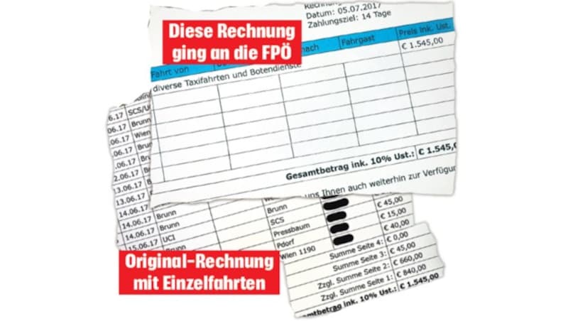 Auf den Original-Rechnungen sind alle Einzelfahrten von Straches Familienmitgliedern (Namen geschwärzt) dokumentiert. (Bild: "Krone"-Grafik)