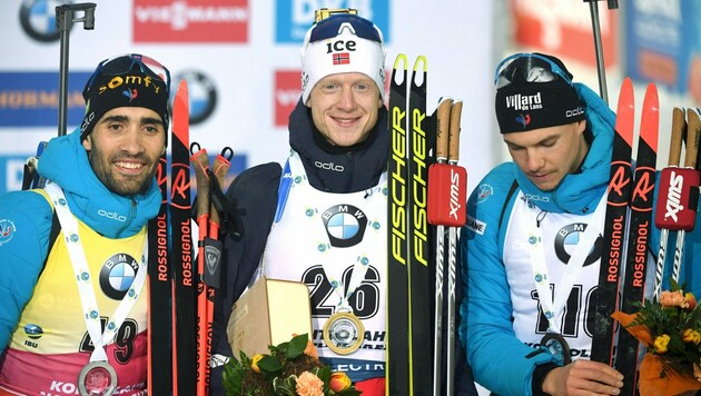 Martin Fourcade (FRA) , Johannes Thingnes Bö (NOR) und Emilien Jacquelin (FRA) (Bild: AP)