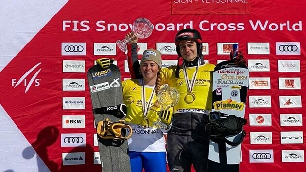 Im März 2020 feierten der Montafoner Alessandro Hämmerle (re.) und die Italienerin Michela Moioli in Veysonnaz (Sui) ihre Gesamtweltcupsiege. (Bild: Österreichischer Skiverband)