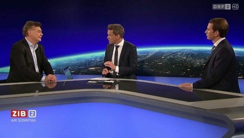 Vizekanzler Werner Kogler und Kanzler Sebastian Kurz in der Sonder-„ZiB“ (Bild: ORF)