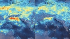 Die Stickstoffdioxid-Konzentration über Norditalien war im Jänner (links) noch deutlich höher (rot) als am 11. März (rechts). (Bild: ESA)