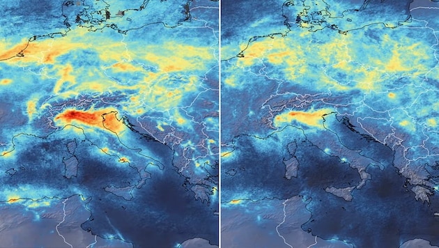 Die Stickstoffdioxid-Konzentration über Norditalien war im Jänner (links) noch deutlich höher (rot) als am 11. März (rechts). (Bild: ESA)