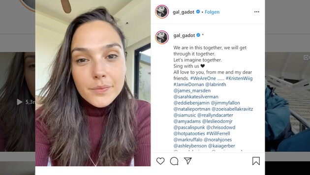 „Wonder Woman“-Darstellerin Gal Gadot hat zahlreiche Stars für ein Ständchen in der Corona-Krise gewinnen können. (Bild: instagram.com/gal_gadot)