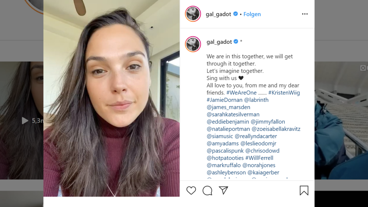„Wonder Woman“-Darstellerin Gal Gadot hat zahlreiche Stars für ein Ständchen in der Corona-Krise gewinnen können. (Bild: instagram.com/gal_gadot)