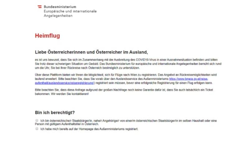 Auf der Website heimflug.austrian.com können sich Reisende für Flüge nach Wien registrieren. (Bild: heimflug.austrian.com)