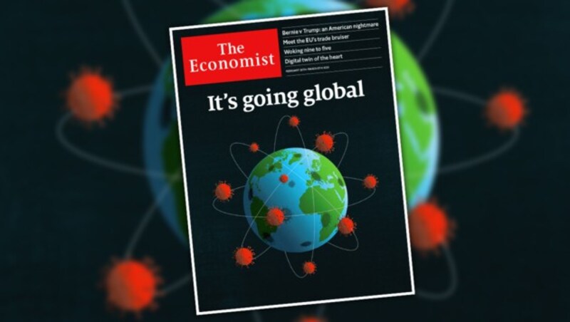 Der Globus umzingelt vom Coronavirus: So sieht das britische Magazin „Economist“ die Welt wie einen kleinen Atomkern im All. (Bild: The Economist, krone.at-Grafik)