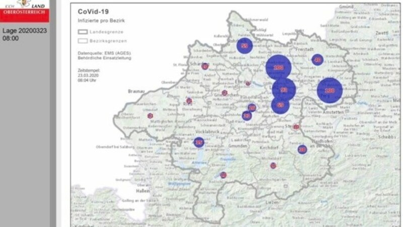 Überblick über die Bezirke in Oberösterreich (Stand Montagmorgen) (Bild: Laqnd OÖ)