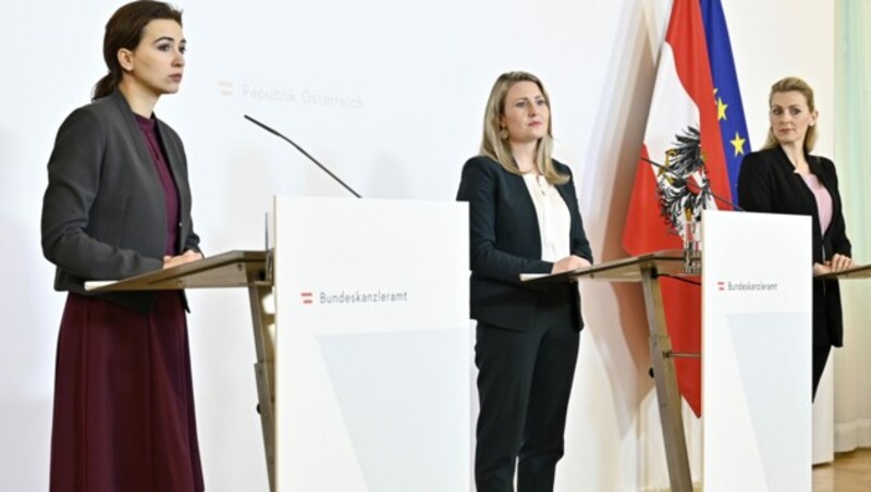 (v.l.): Justizministerin Alma Zadic (Grüne), Frauenministerin Susanne Raab (ÖVP), Familien-und Jugendministerin Christine Aschbacher (ÖVP) (Bild: APA/HANS PUNZ)