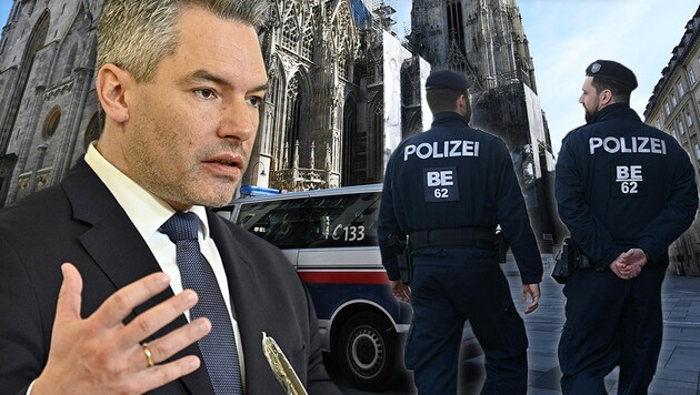 Geänderte Kriminalitätsformen halten Innenminister Karl Nehammer und die Polizei auf Trab. (Bild: APA/FOHRINGER, APA/HANS PUNZ, krone.at-Grafik)
