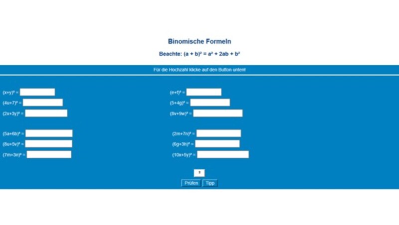 Interaktive Übung zu den Binomischen Formeln (M)/Unterrichtsfach: Mathematik/Sekundarstufe 1/Schulstufe: 7 (Bild: Eduthek.at)