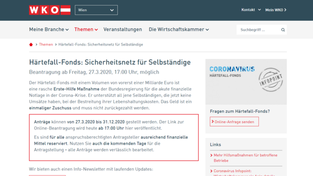 Betroffene finden alle Informationen auch auf der Webseite der Wirtschaftskammer. (Bild: Screenshot wko.at)