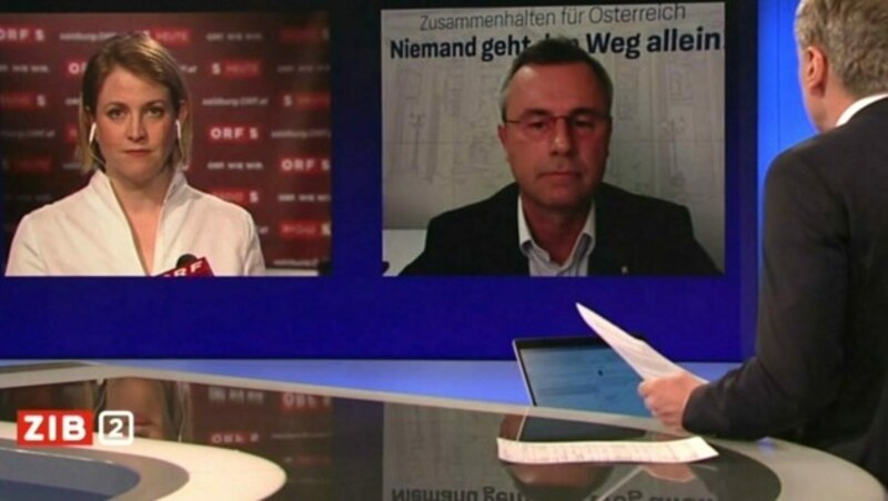 Beate Meinl-Reisinger (NEOS) und Norbert Hofer (FPÖ) zugeschaltet in die „ZiB 2“ (Bild: Screenshot ORF)