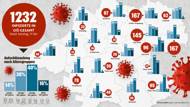 Die prozentuelle Verteilung der 1232 Infizierten in Oberösterreichs Bezirken nach vier Altersgruppen. (Bild: Krone Grafik/Quelle: Land OÖ)