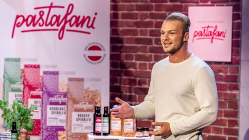 Jürgen Ebert (Bild) aus Linz überzeugte mit seiner Nudel- und Pesto-Marke pastafani Leo Hillinger. (Bild: Puls4/Gerry Frank Photography)