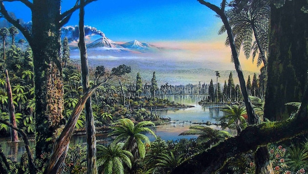 Künstlerische Illustration: So könnte der Regenwald in der Westantarktis vor 90 Millionen Jahren ausgesehen haben. (Bild: Alfred-Wegener-Institut/James McKay (CC-BY 4.0))