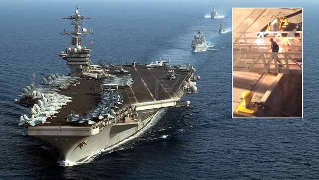 Kapitän Brett Crozier wurde das Kommando über die USS Theodore Roosevelt entzogen - seine Soldaten feiern ihn. (Bild: AFP, twitter.com/Sotero269, krone.at-Grafik)