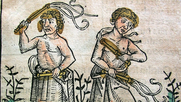 Ein kolorierter Holzschnitt mit sich geißelnden Männern in der Schedelschen Weltchronik. (Bild: Sammlung Gießauf)
