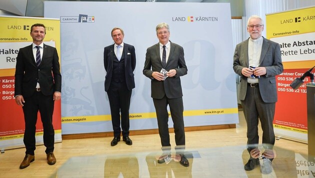 LH Kaiser bei der Pressekonferenz mit IGGÖ-Vize Memic, Superintendent Sauer und Bischof Marketz. (Bild: zVg)