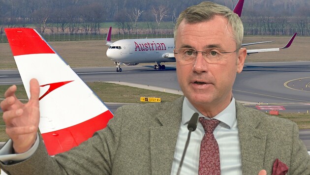 FPÖ-Chef Norbert Hofer übt am Mittwoch heftige Kritik an den möglichen Staatshilfen für die Austrian Airlines: „Das einzig Österreichische an der AUA ist das rot-weiß-rote Heck.“ (Bild: AP, krone.at-Grafik)