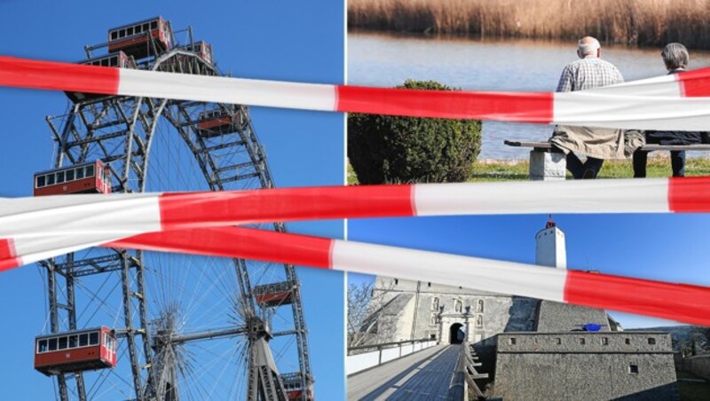 Auch wenn Sonne und Natur frohlocken - groß angelegte Touren oder Spazierfahrten bleiben auch kommendes Wochenende für die Österreicher tabu. Wiener Prater, Neusiedler See und Besuchermagnete wie die Burg Forchtenstein im Burgenland haben bis auf Weiteres „Corona-frei“! (Bild: Peter Tomschi, Reinhard Judt, stock.adobe.com, krone.at-Grafik)