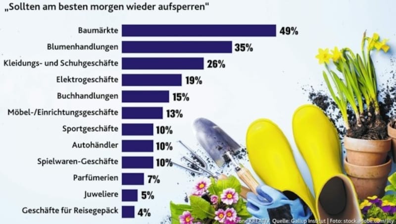 Grafik: Welche Geschäfte derzeit besonders fehlen (Bild: stock.adobe.com/lily; Krone-Grafik)