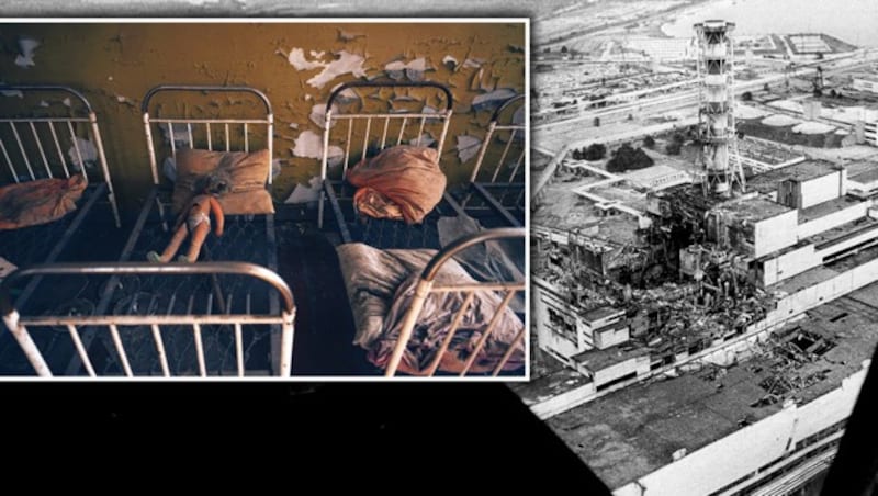 Erschütternde Bilder der Tschernobyl-Katastrophe, links ein verlassenes Kinderspital, rechts das zerstörte Kraftwerk (1986), von dort aus schwebte eine radioaktive Wolke Richtung Österreich. (Bild: Ben Paya, AP/STR, ORF/Dok; krone.at-Grafik)
