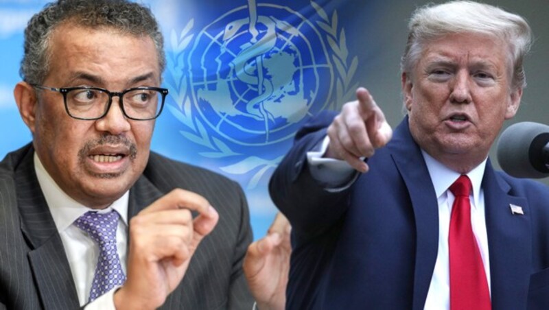 WHO-Chef Tedros Adhanom Ghebreyesus und US-Präsident Donald Trump (Bild: Alex Wong/Getty Images/AFP, AFP, krone.at-Grafik)