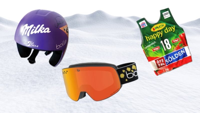 Signierter Helm, Startnummer mit Unterschrift oder Skibrille - für eine Spende hat man die Chance, verschiedene Preise von Anna Veith zu gewinnen. (Bild: Milka, Rauch, Bollé, stock.adobe.com, krone.at-Grafik)