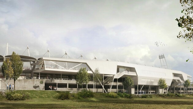 So soll das neue Sporttagungszentrum an der Westtribüne der Merkur Arena künftig aussehen. (Bild: SODA architekten ZT GmbH/Visualisierung Patricia Bagienski)